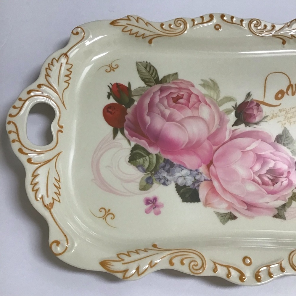 LAST 1! Floral Serving Tray Melamine Handles Cream Pink Peonies Tea Vanity NEW - Picture 12 of 14